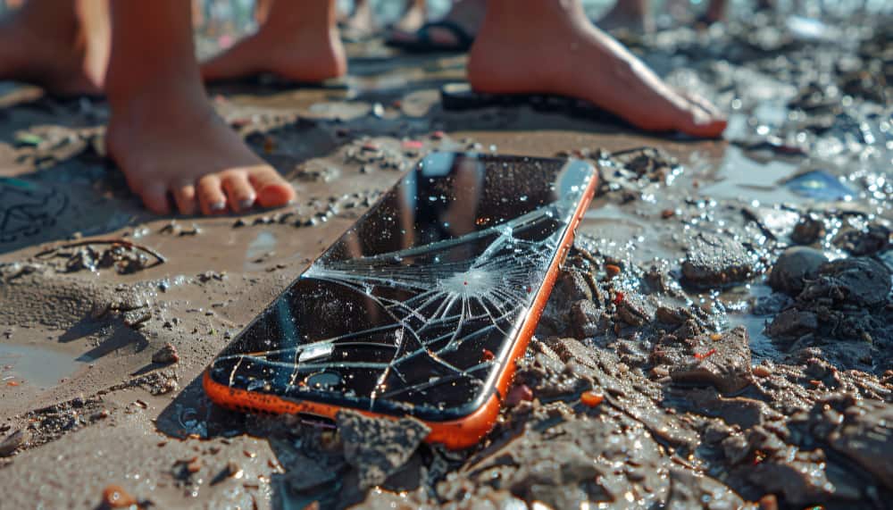 Un smartphone mouillé et brisé posé sur le sable humide d'une plage fréquentée.