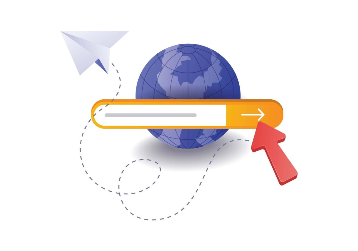 Illustration conceptuelle d'un globe terrestre avec une barre de recherche de navigateur et un curseur rouge s'apprêtant à cliquer, à côté d'un avion en papier volant, symbolisant le processus de Transfert Nom de Domaine d'un bureau d'enregistrement à un autre.