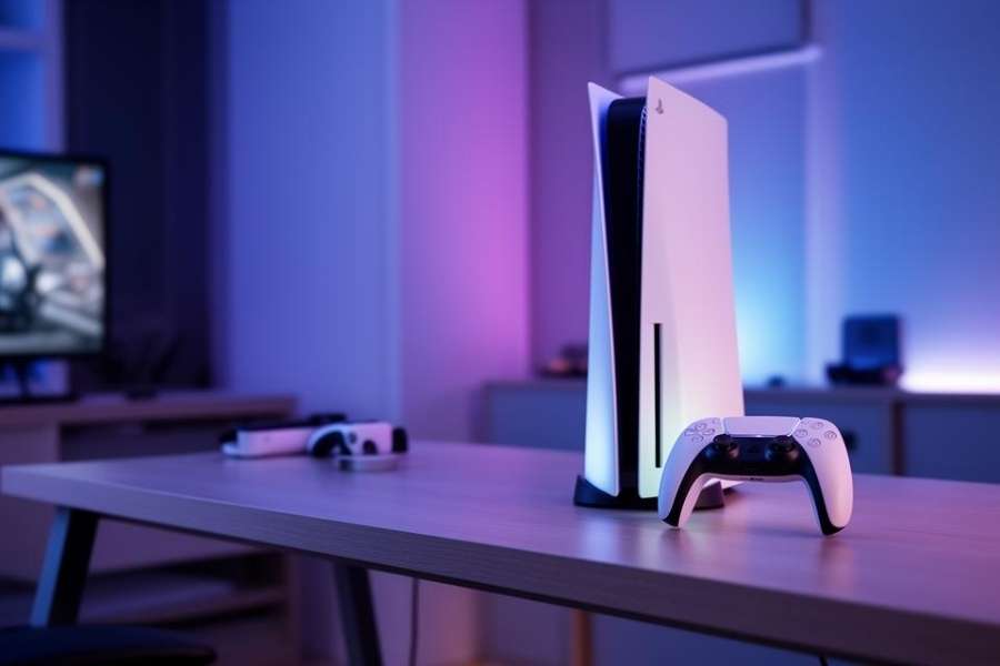Console de jeux PlayStation 5 et manette sans fil posées sur un bureau avec un éclairage d'ambiance violet pour le jeu Pragmata.